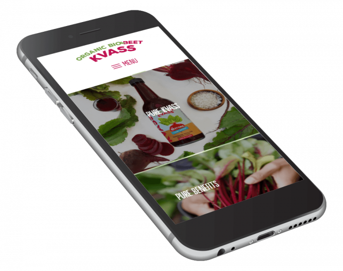 Angled phone showing the Biobeet KVASS homepage